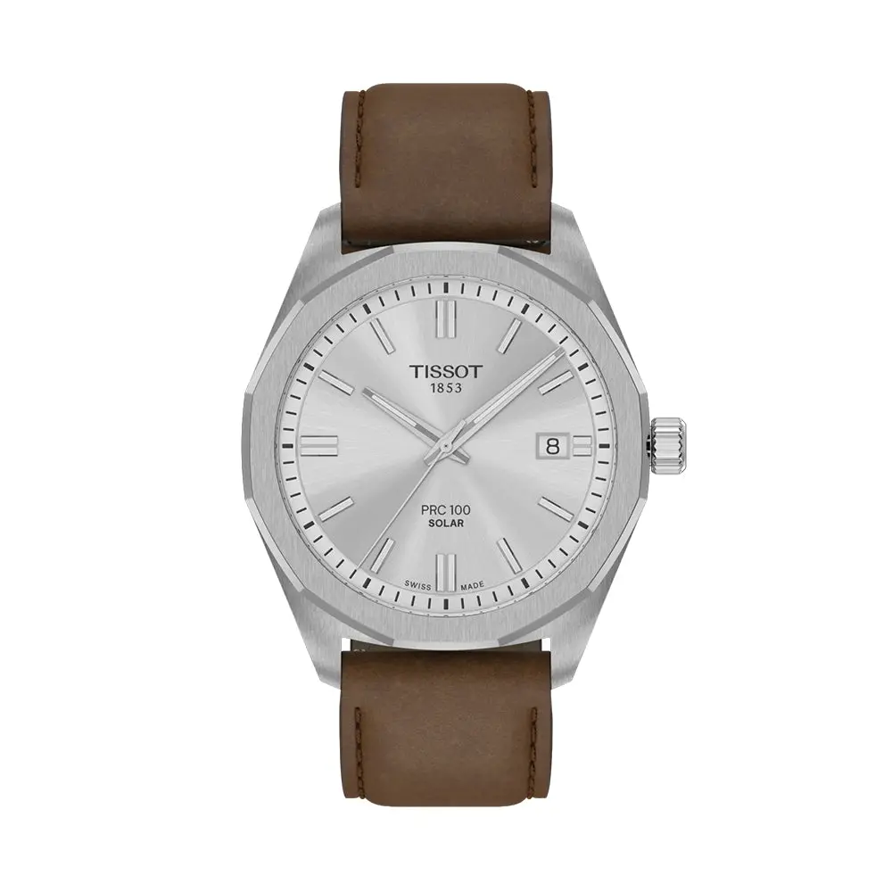 Prc 100 Solar Quartz 39Mm - Silver On Leather Strap 1