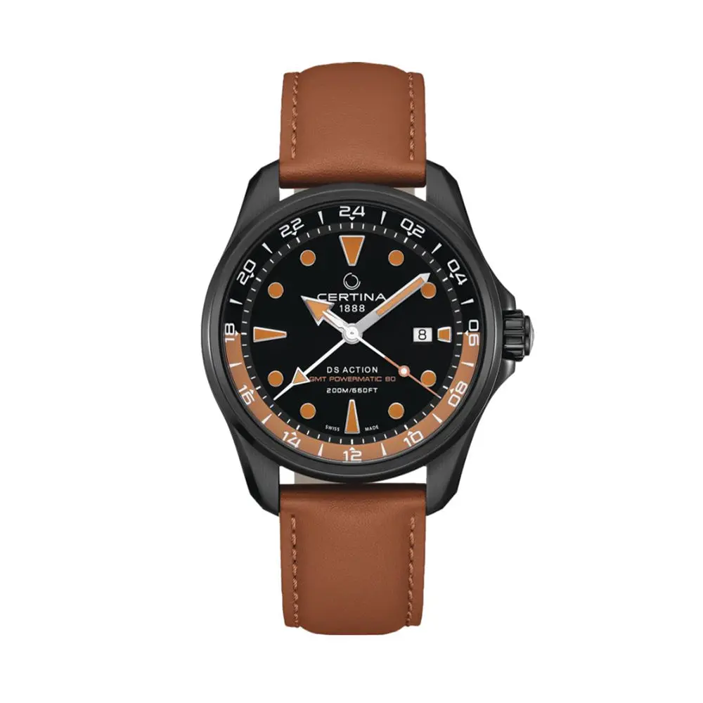 Ds Action Gmt Powermatic 80 43Mm - Black And Orange On Leather Strap 1