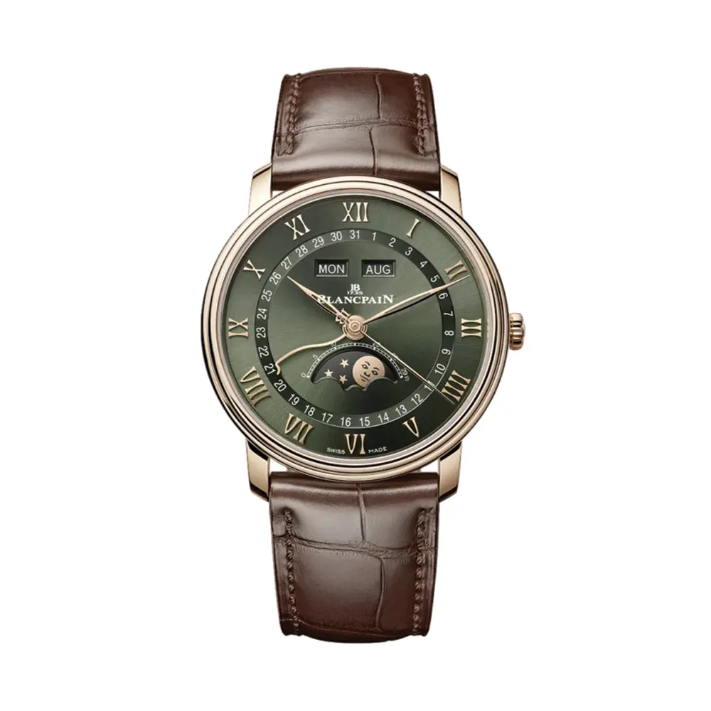 Villeret Complete Calendar Red Gold 40Mm - Green On Leather Strap 1