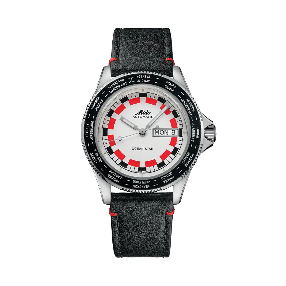 Ocean Star Worldtimer 40.5Mm - Silver On Leather Strap 1