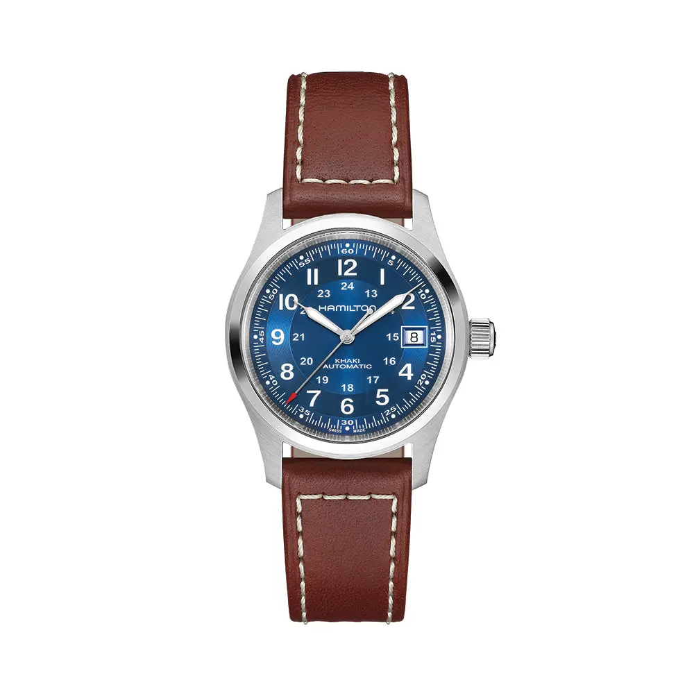 Khaki Field Auto Date 38Mm - Blue On Leather Strap 1