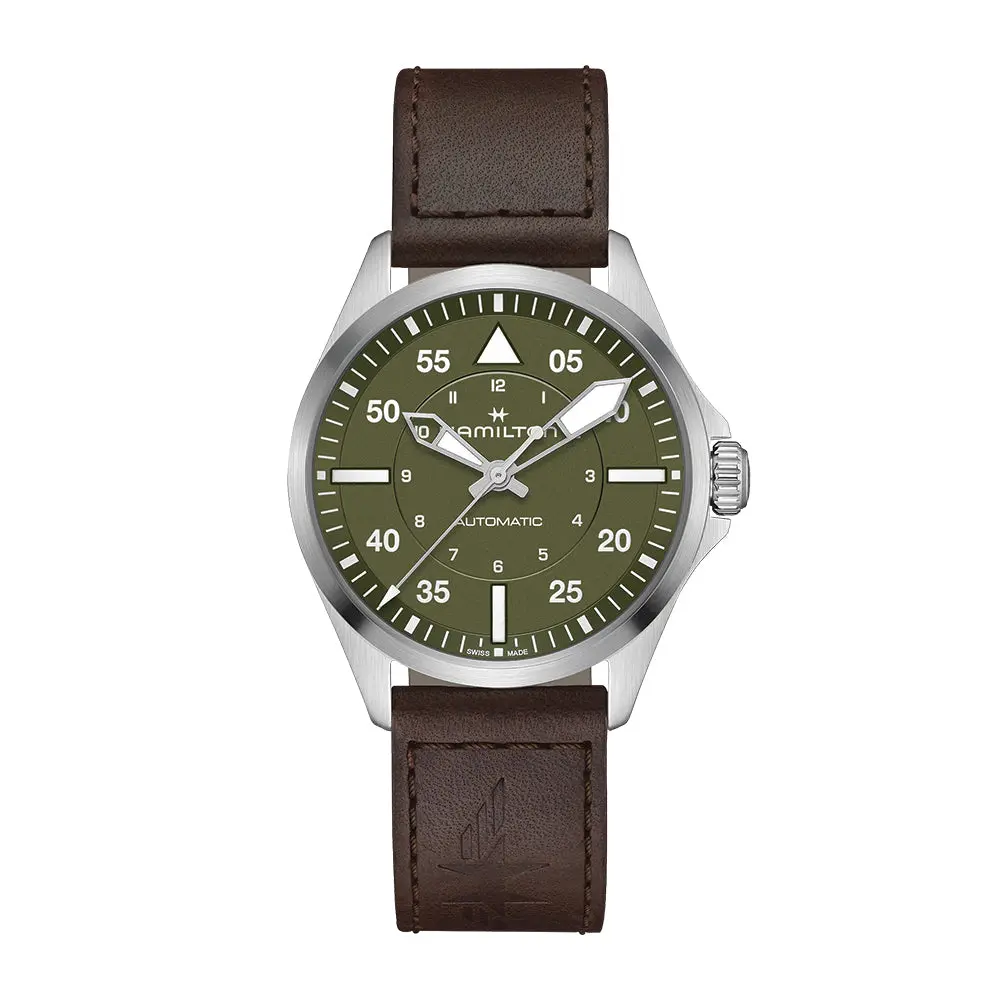 Khaki Aviation Pilot Auto 39Mm - Green On Leather Strap 1