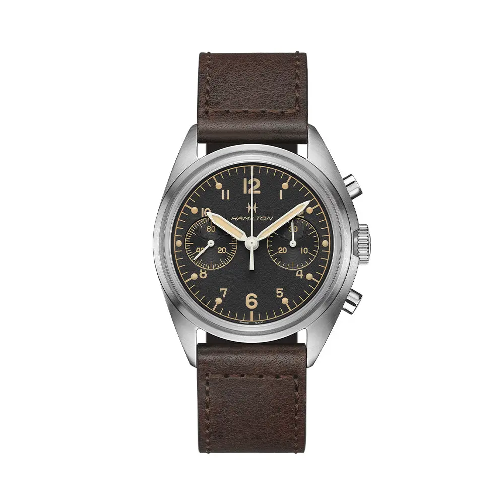 Khaki Aviation Pioneer Mechanical Chrono 40Mm - Black On Leather Strap 1