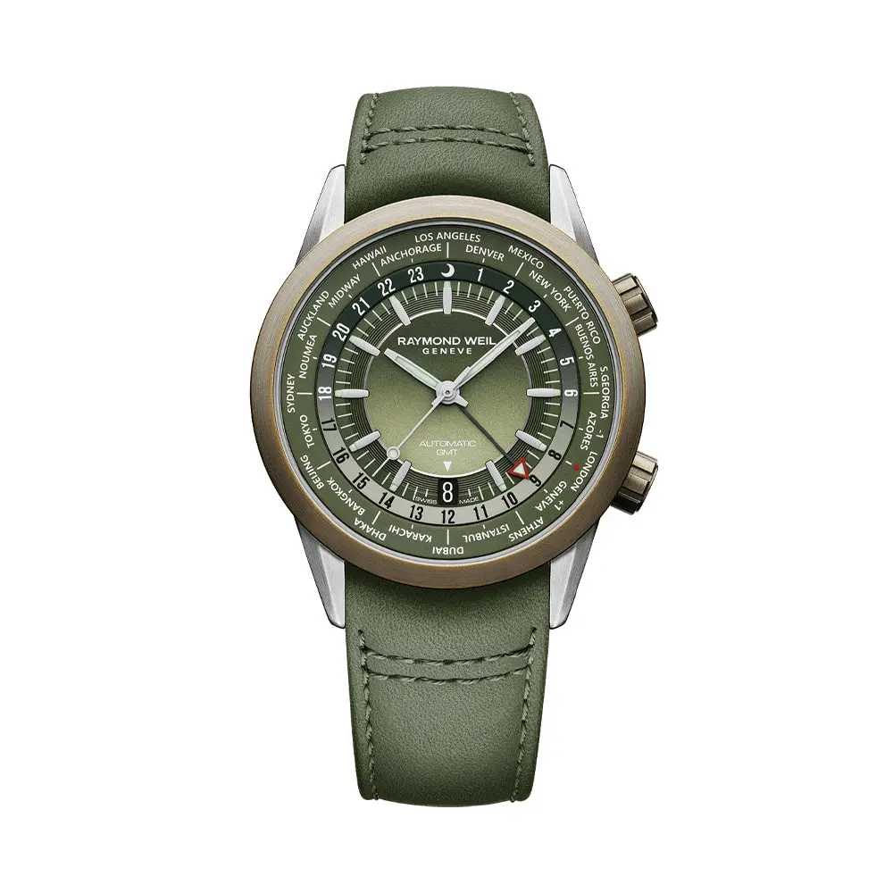 Freelancer Gmt Worldtimer 40.5Mm - Green On Leather Strap 1