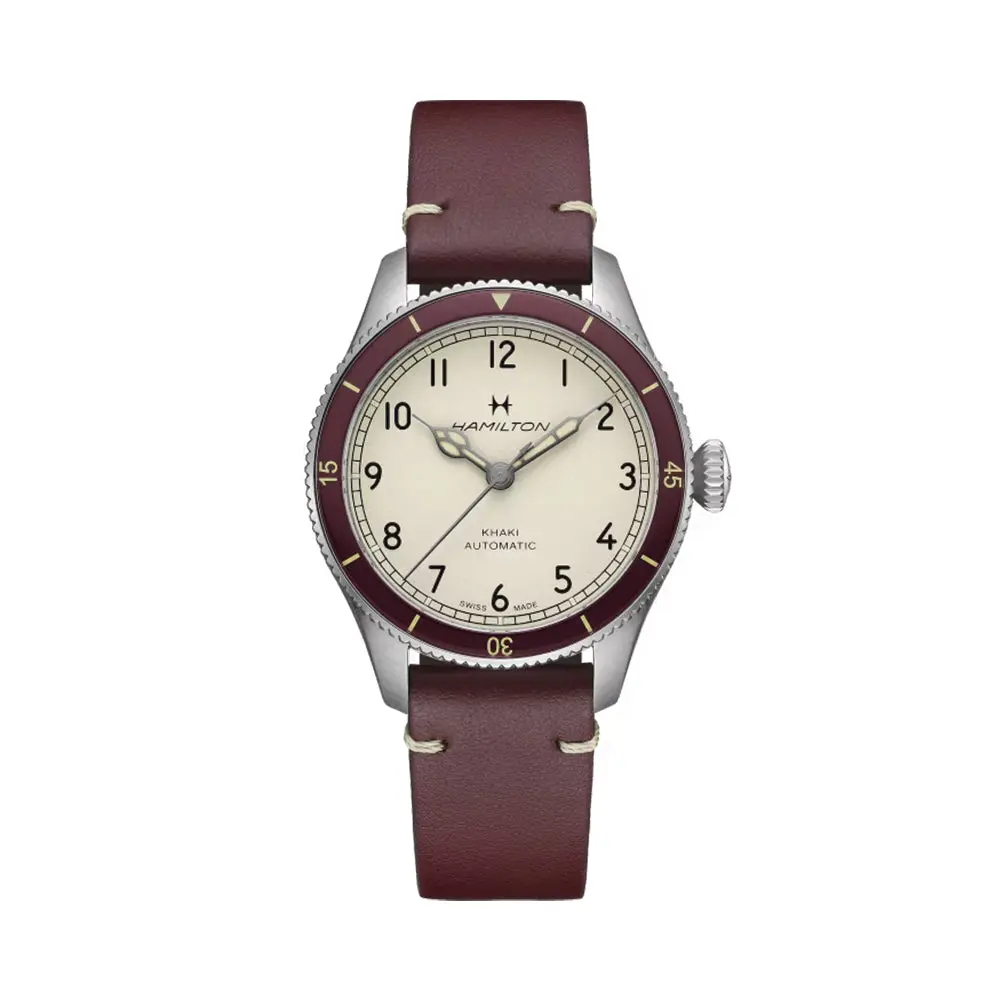 Khaki Aviation Pilot Pioneer Auto 38Mm - White On Red Leather Strap 1