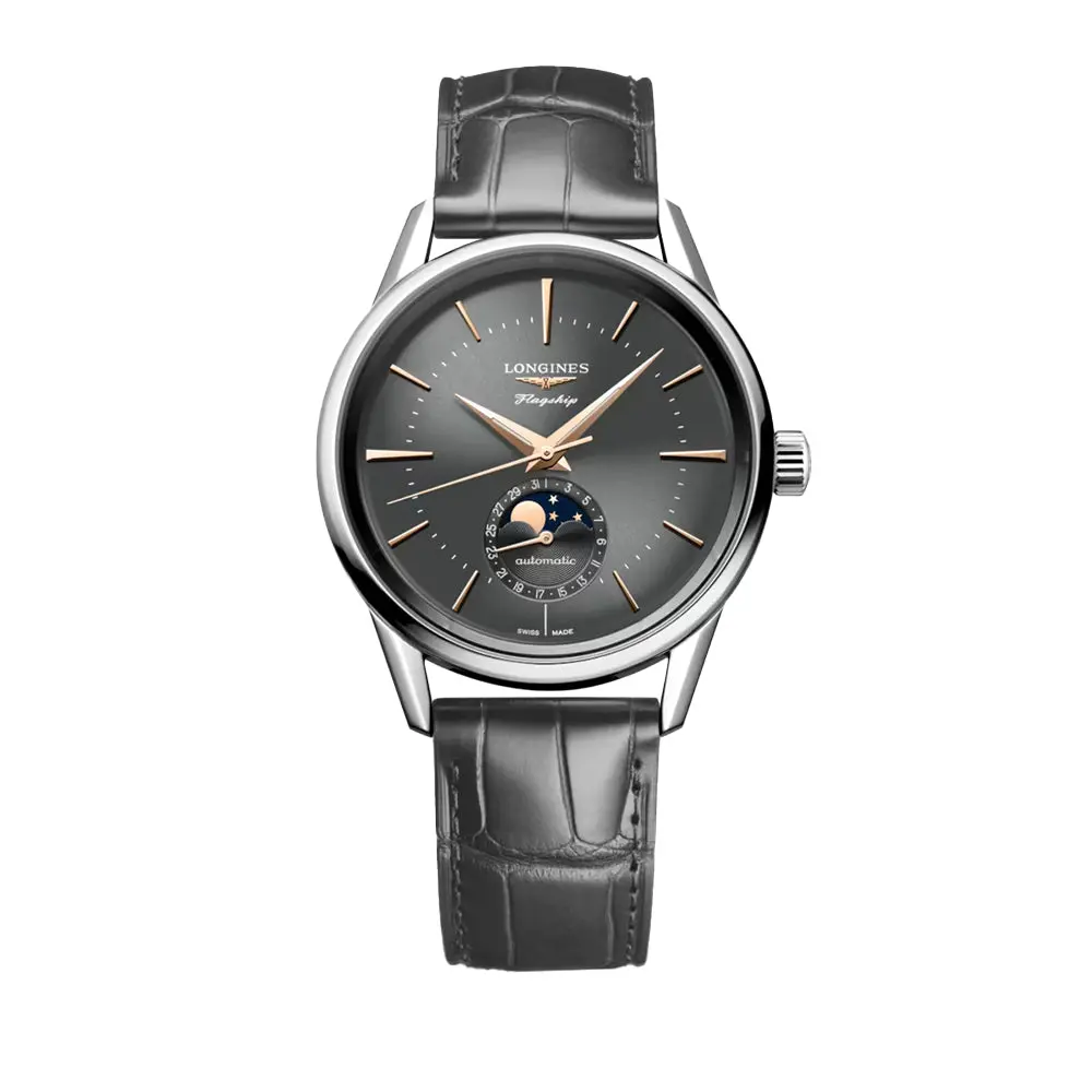 Flagship Heritage Moonphase 38.5Mm - Sunray Anthracite On Leather Strap 1