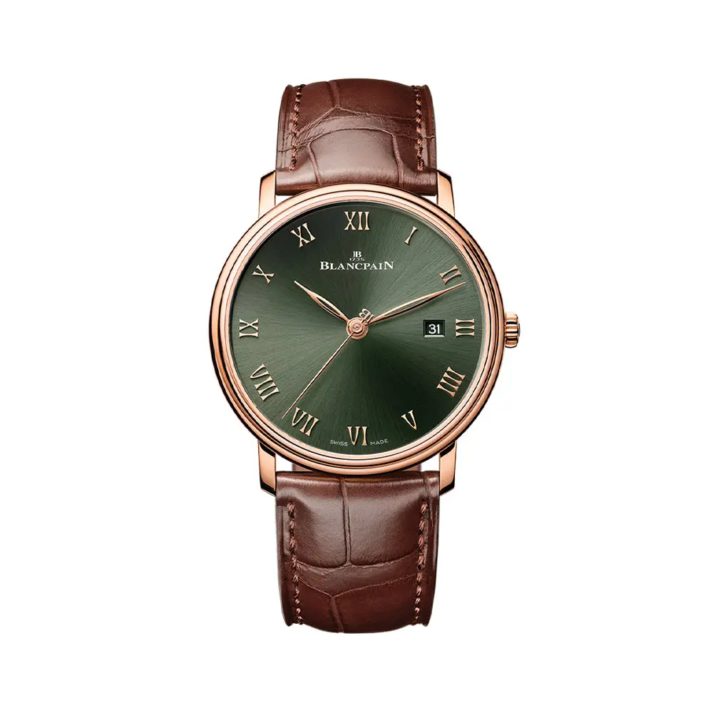 Villeret Extraplate Red Gold 40Mm - Green On Leather Strap 1