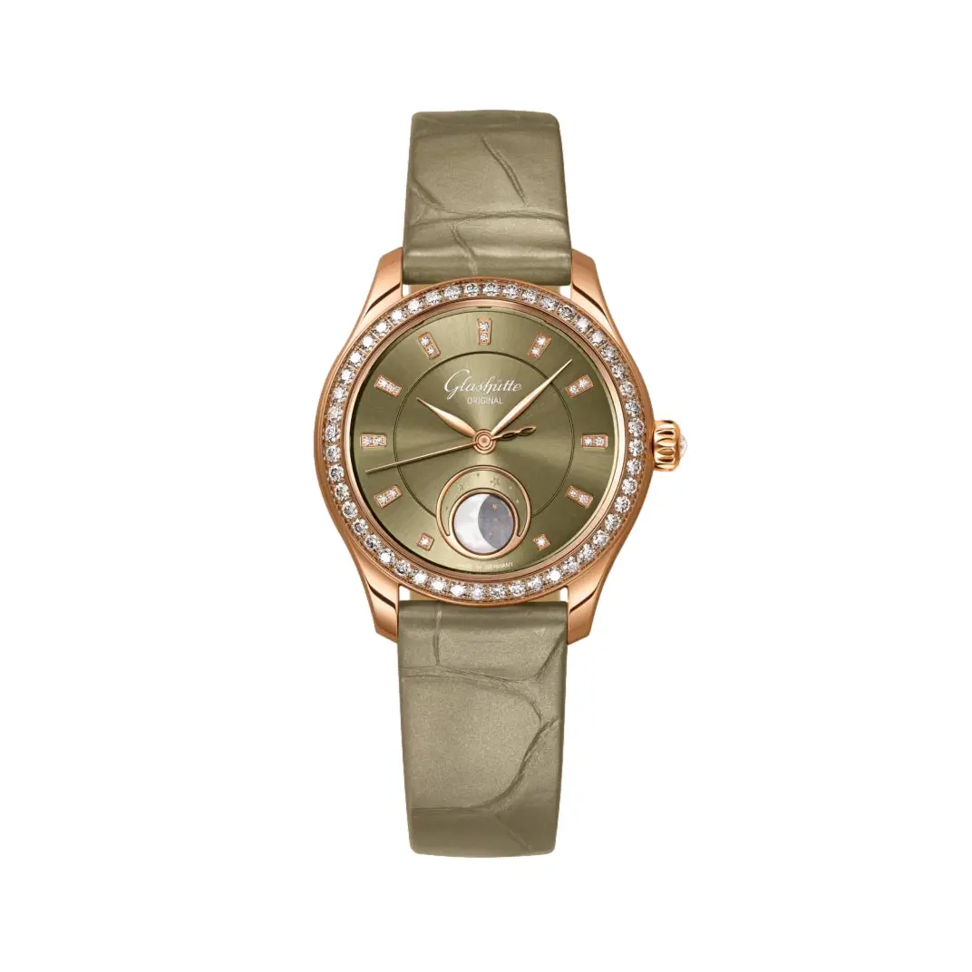 Serenade Luna Automatic Diamond Red Gold 32.5Mm - Green On Leather Strap 1