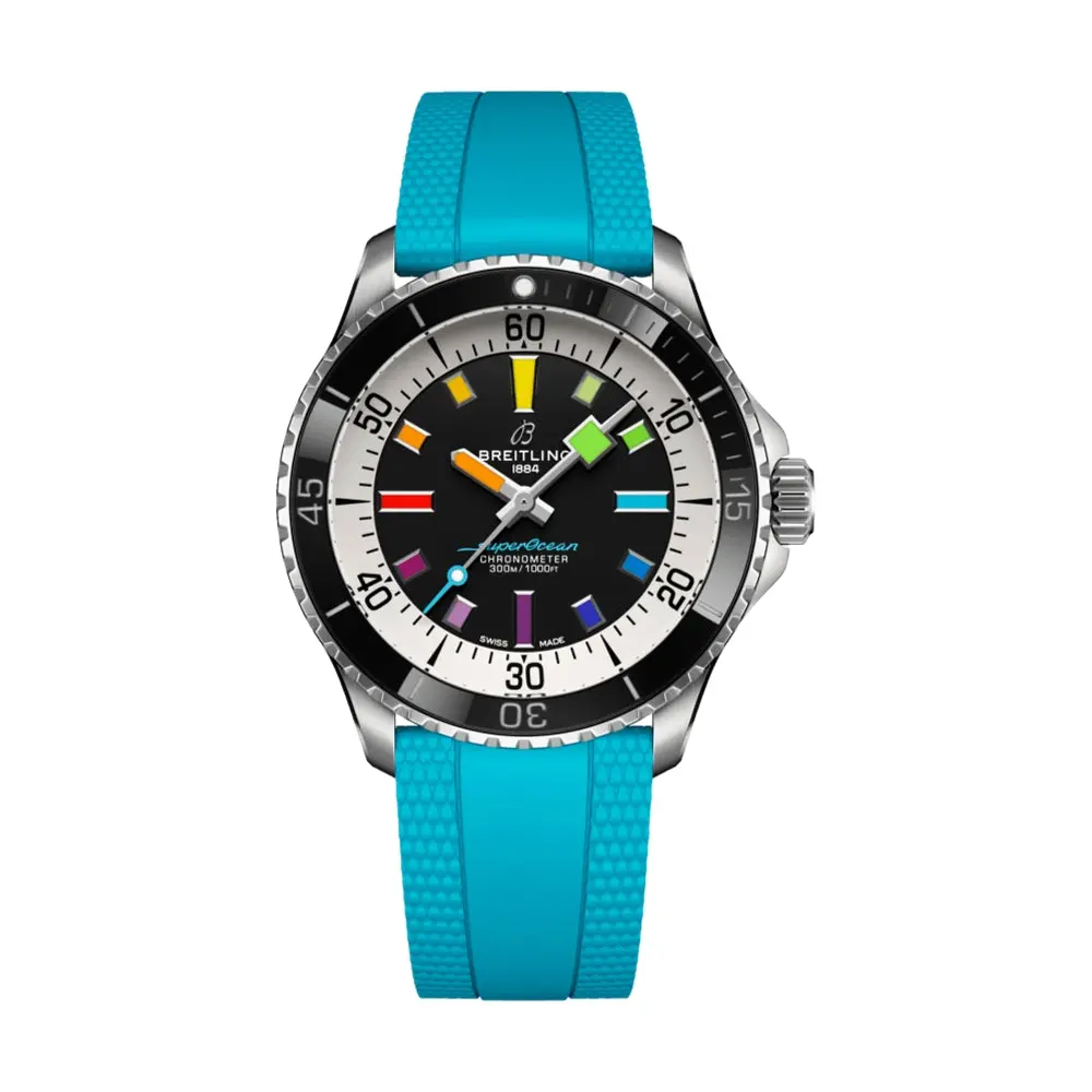 Superocean Automatic 42Mm - Black W/ Rainbow Indices On Blue Rubber Strap 1