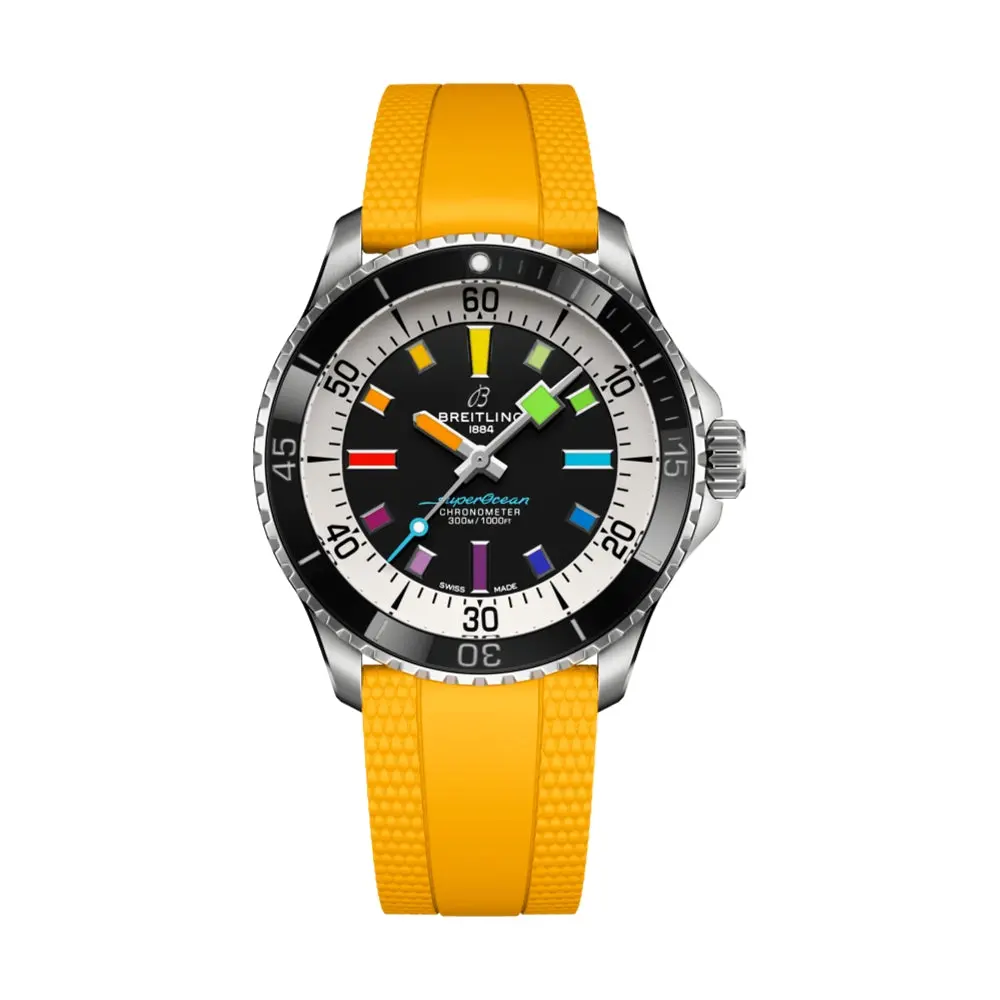 Superocean Automatic 42Mm - Black W/ Rainbow Indices On Yellow Rubber Strap 1