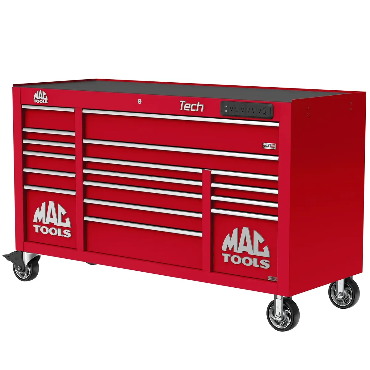 Tech™ Series 16-Drawer Workstation With Powertech™ Drawer - Firebrick Red 1