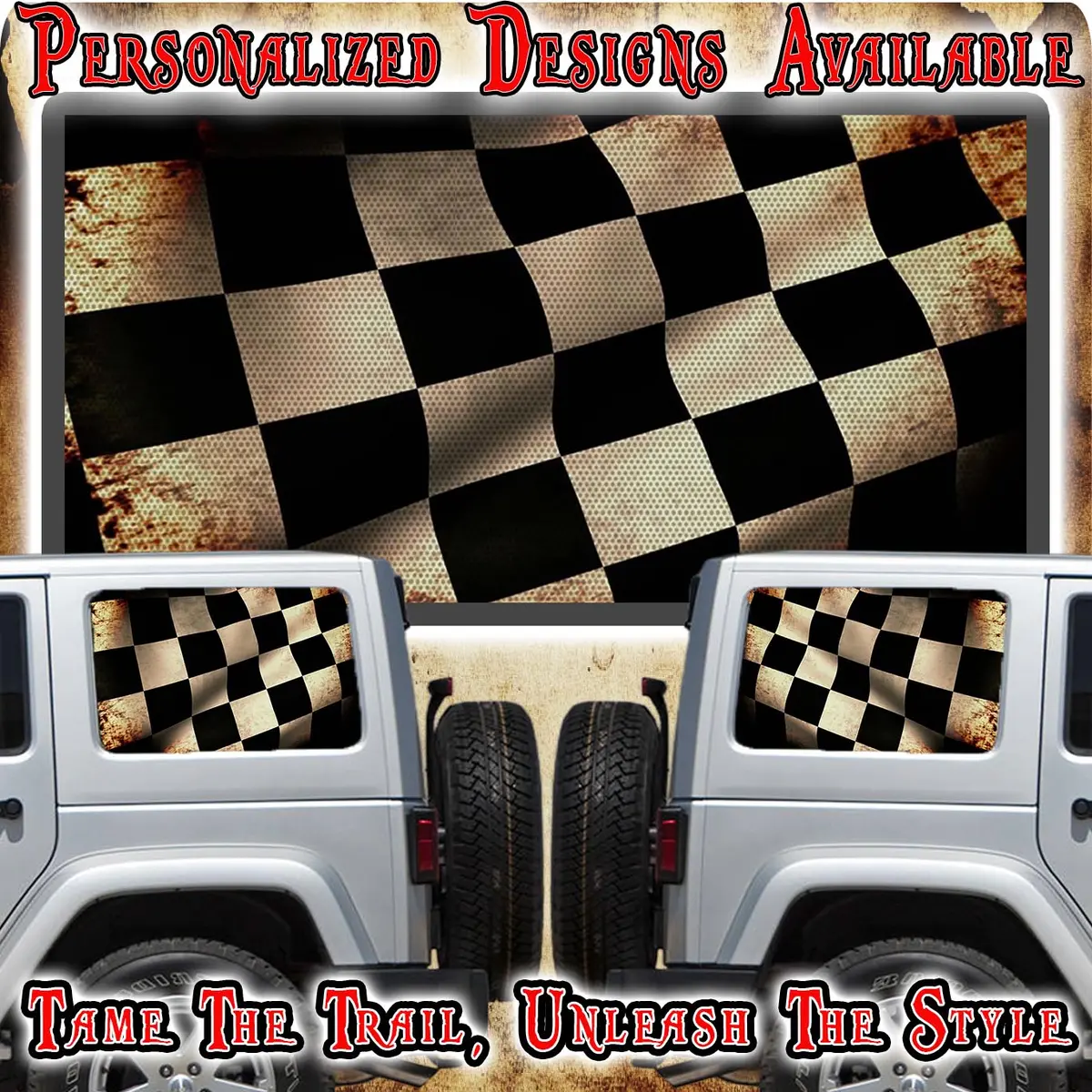 Black And Bronze Race Flag Rear Quarter Window See Through Graphic. 1