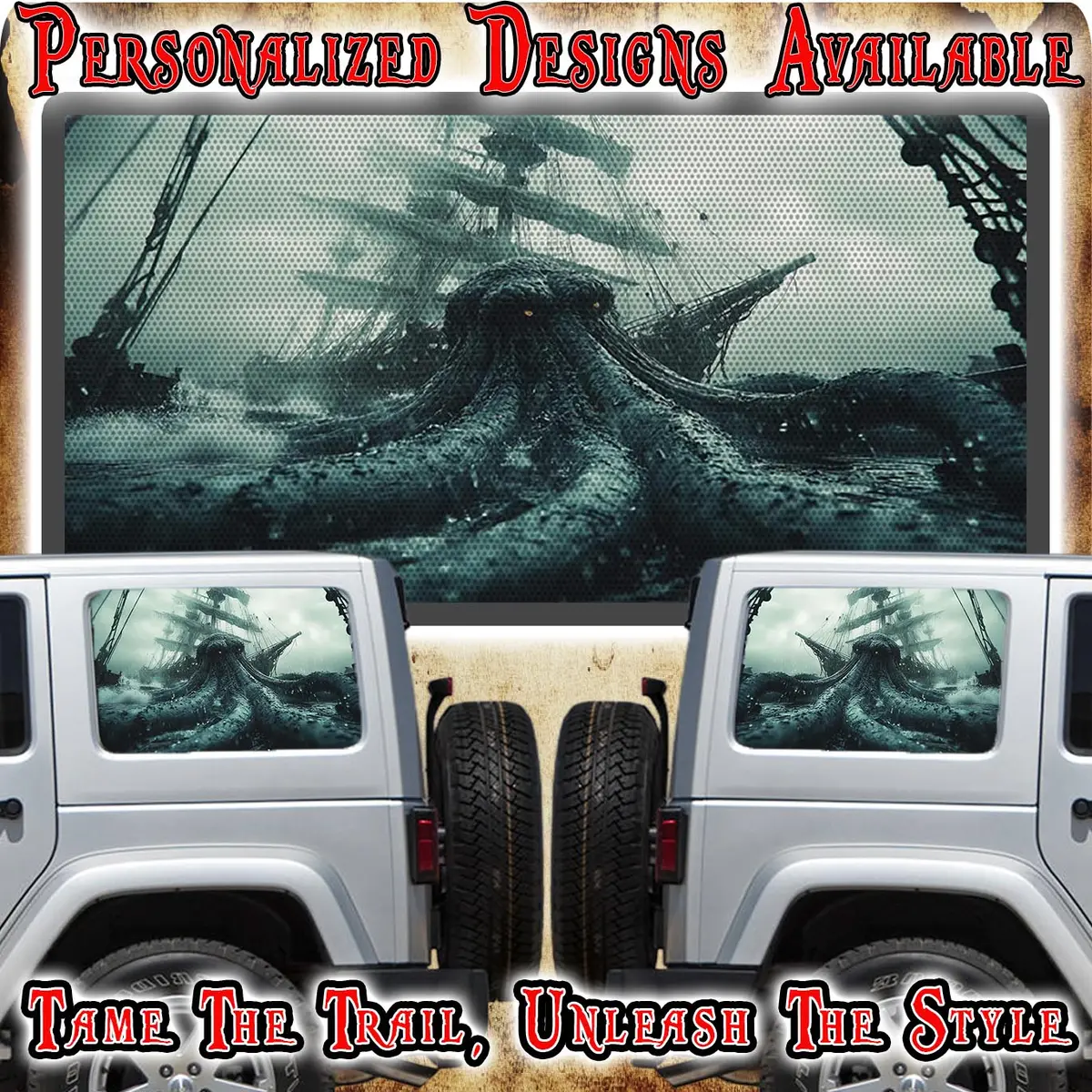 Rear Quarter Window See Through Graphic. Kraken Decal 1