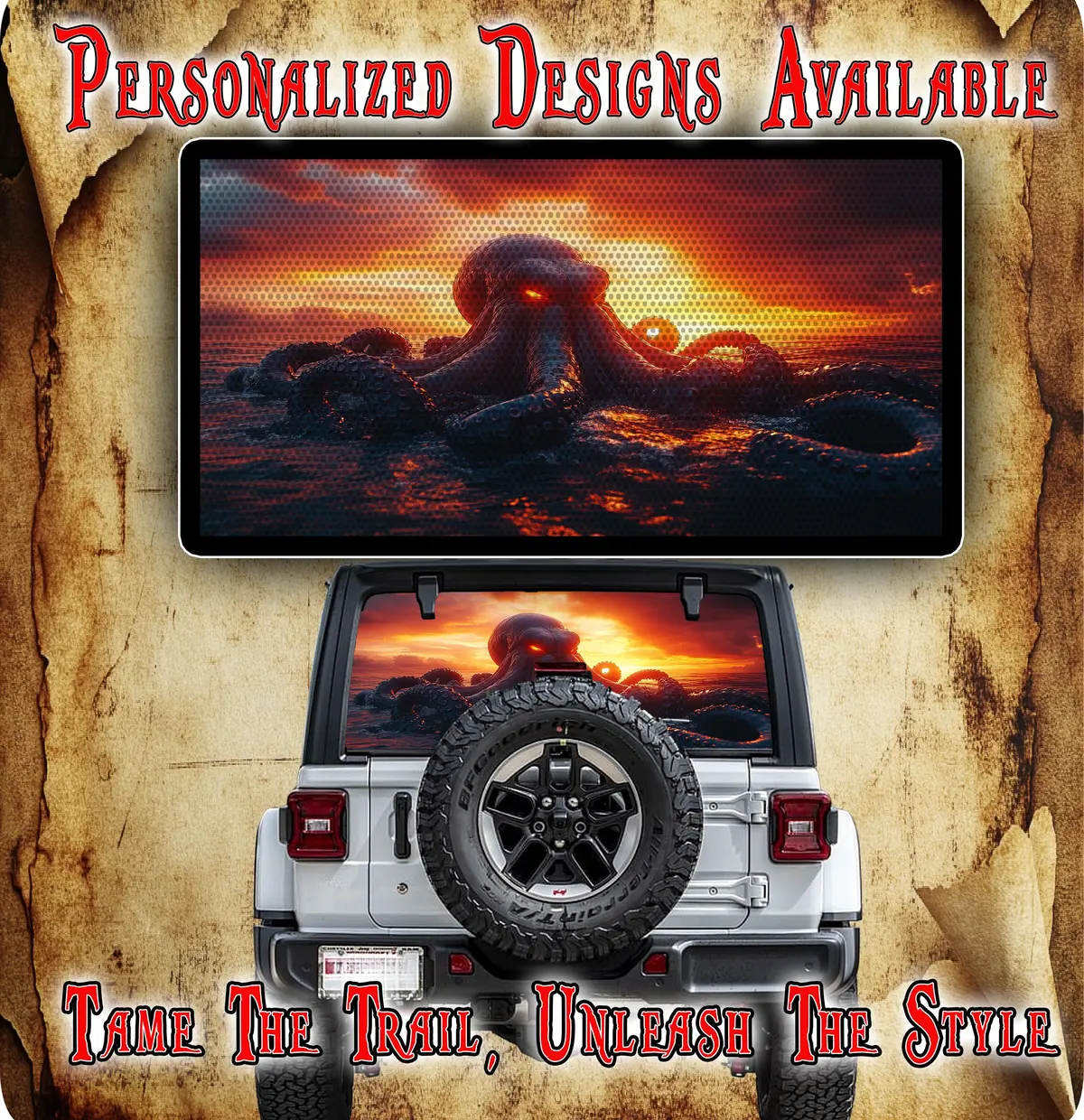 Red Kraken Rear Window See Through Graphic. 1