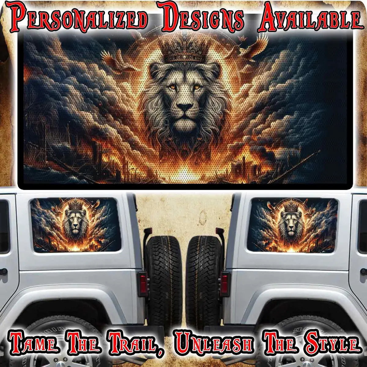 Lions Head With Crown Rear Quarter Window See Through Graphic. 1