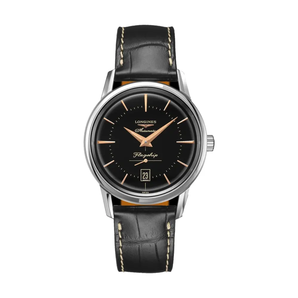 Flagship Heritage 38.5Mm - Black On Leather Strap 1
