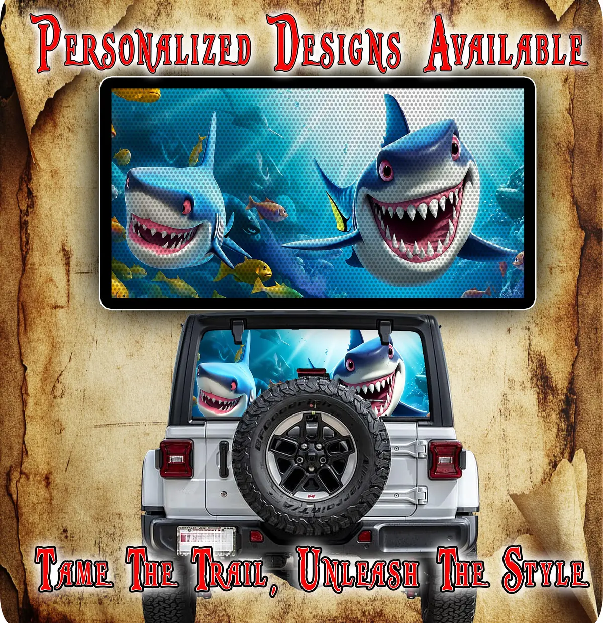 Cartoon Sharks Rear Window See Through Graphic. 1