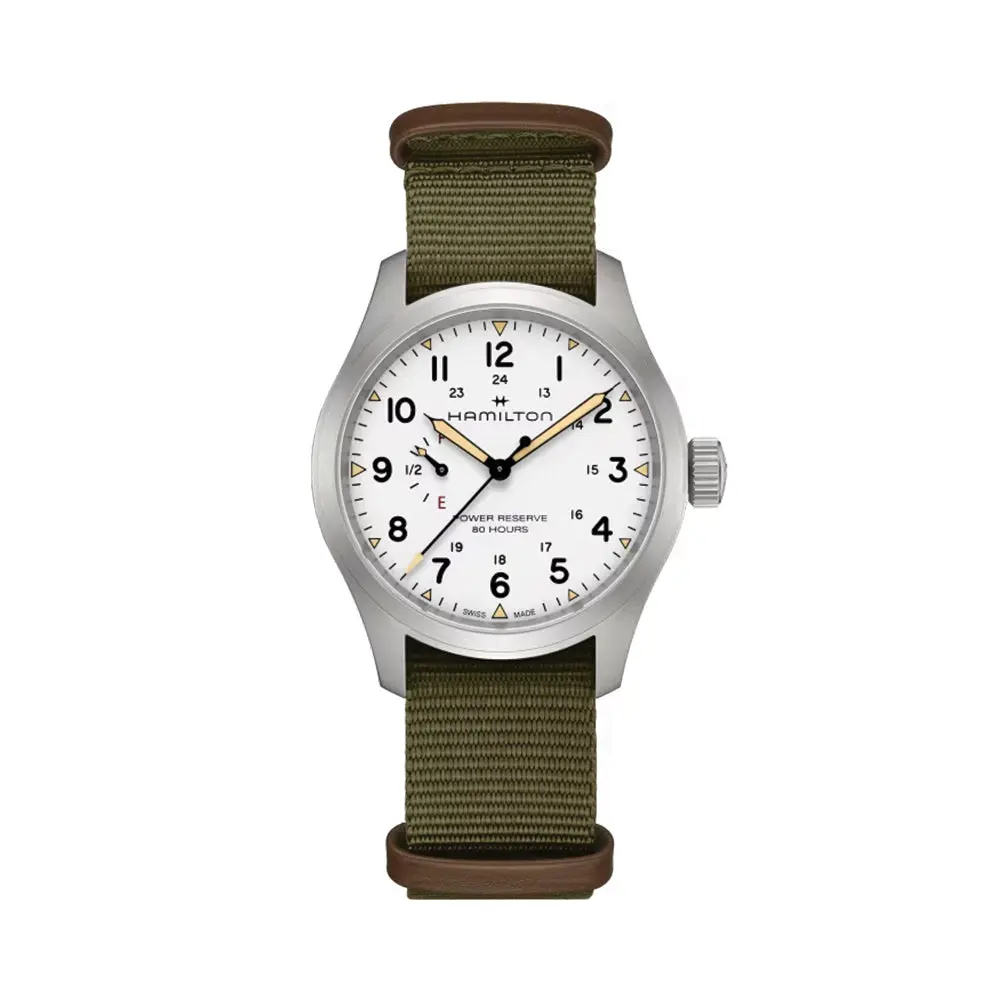 Khaki Field Mechanical Power Reserve 40Mm - White On Fabric Strap 1