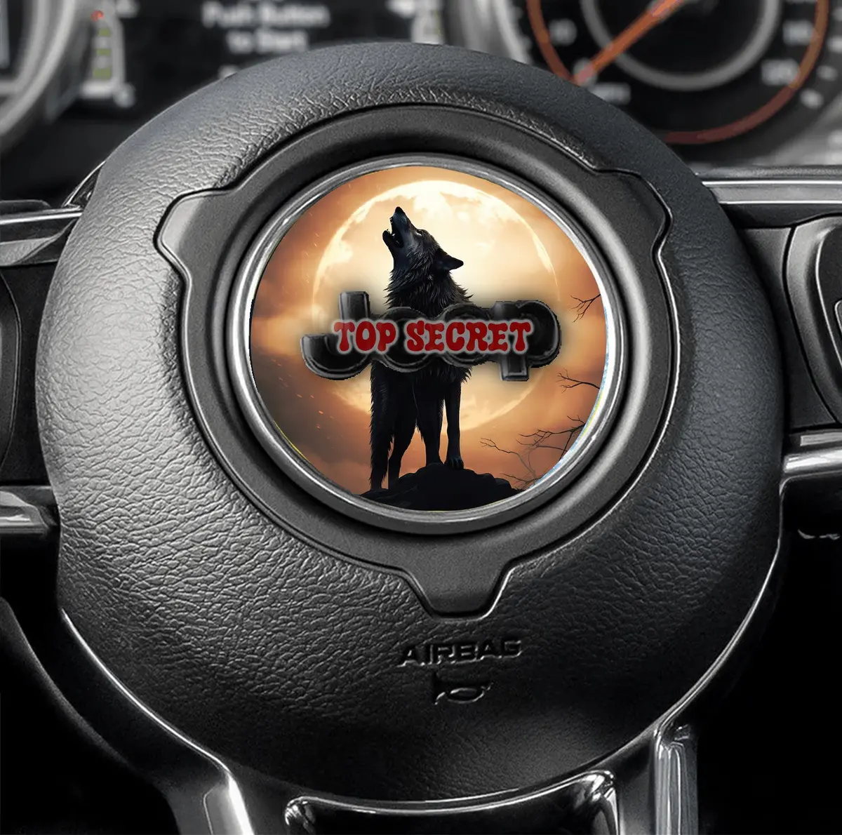 Steering Wheel Decal Featuring a Striking Wolf Silhouette and Vibrant Orange Moon – Size 226mm