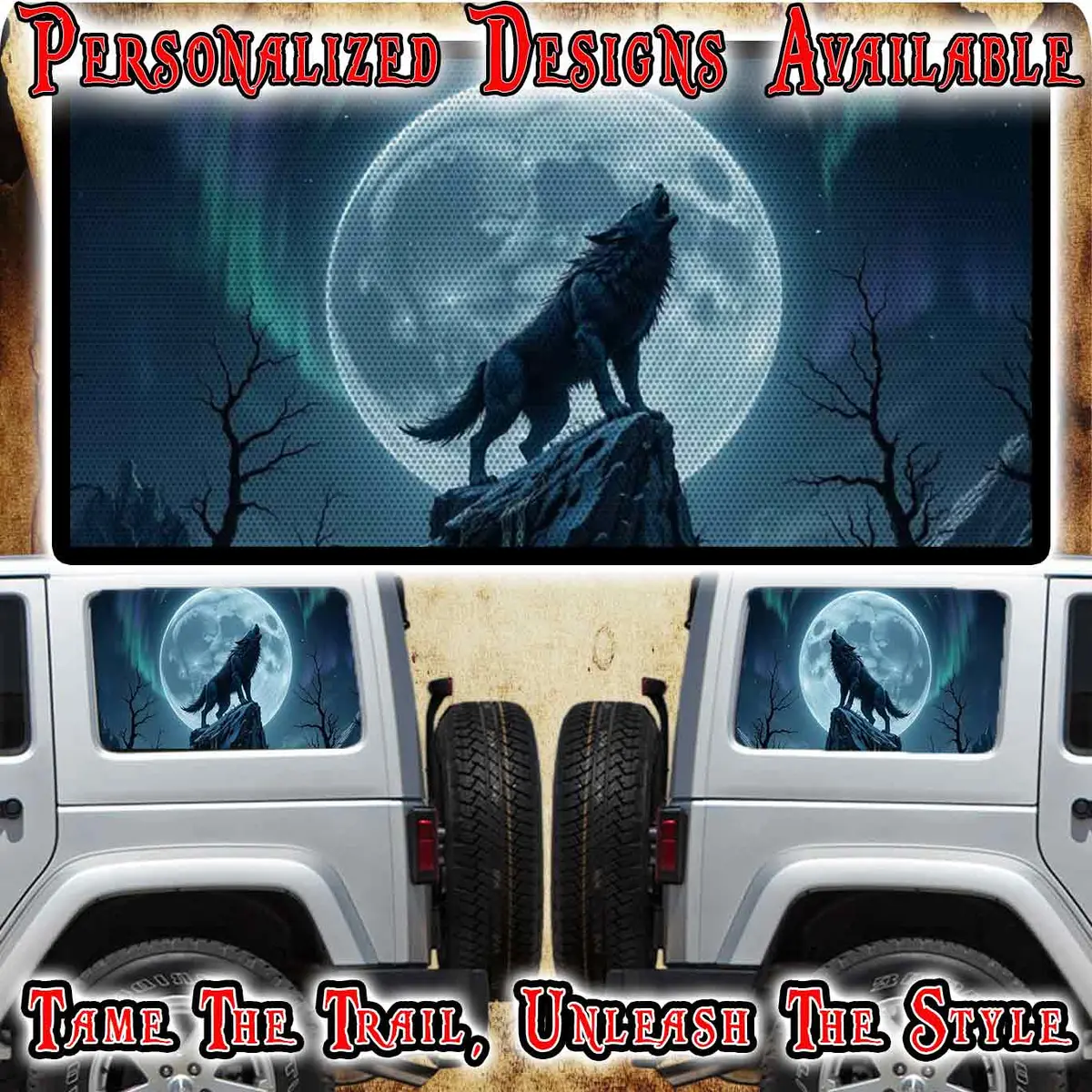 Wolf And Blue Moon Rear Quarter Window See Through Graphic. 1