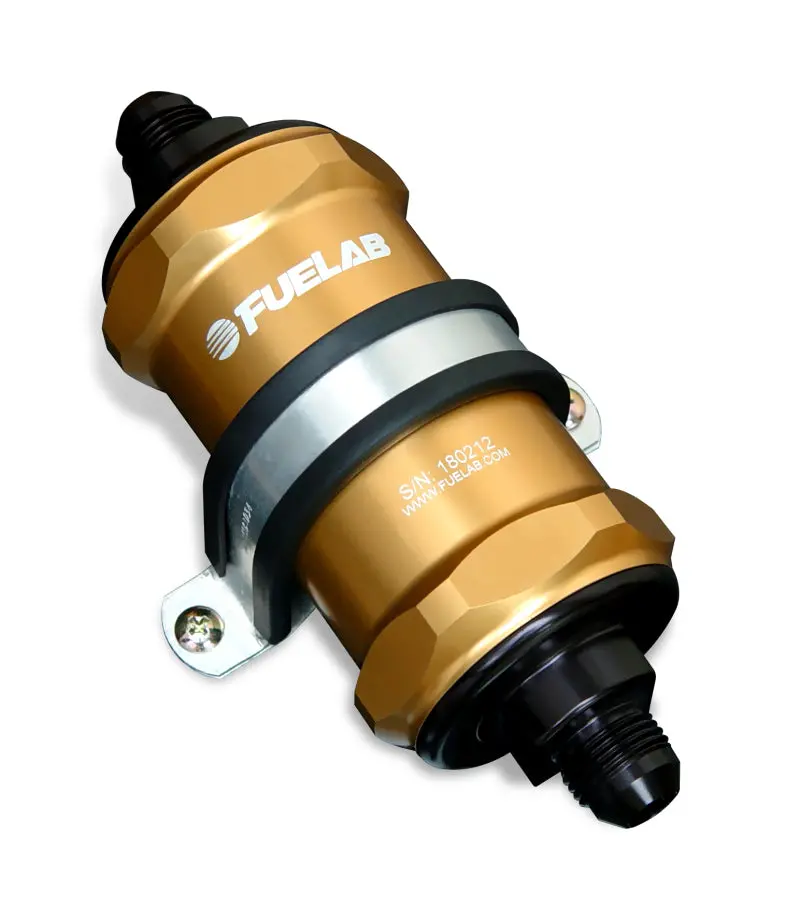 Fuelab 848 Inline Fuel Filter – -12An Inlet / -8An Outlet, 40-Micron Stainless Steel With Integrated Check Valve (Gold Finish) 1