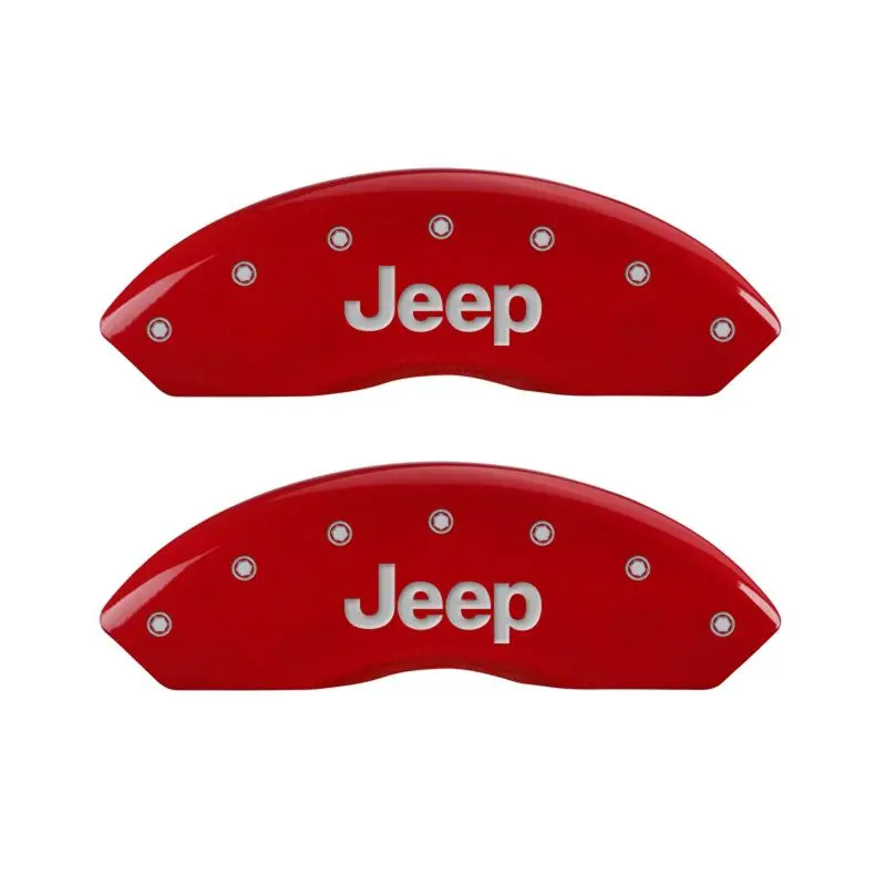 Mgp Engraved 4-Piece Caliper Cover Set – Front (Jeep Logo) & Rear (Jeep Grill Logo), Red Finish With Silver Chrome Highlights 1