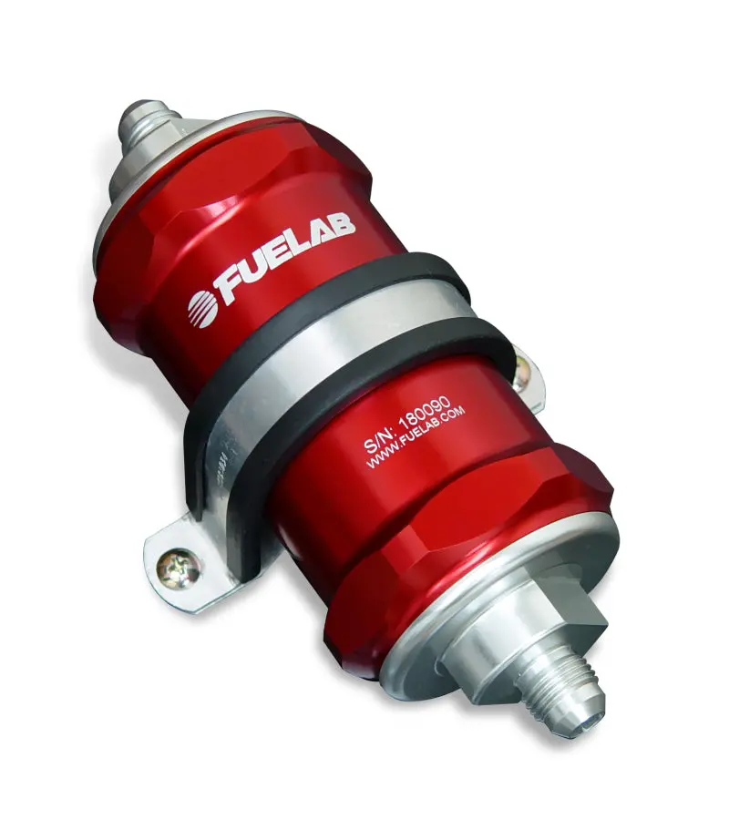Fuelab 818 Inline Fuel Filter — 6An Inlet/Outlet, 40-Micron Stainless, Red 1