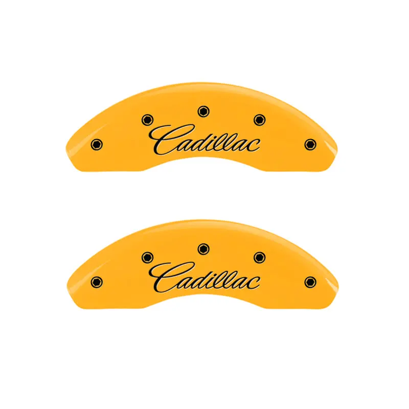 Mgp Engraved Cadillac-Yellow Caliper Covers — Front And Rear Set With Cursive Lettering 1