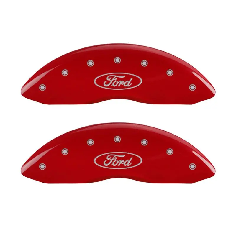 Mgp Engraved Brake Caliper Covers For Ford – Front And Rear Oval Logo, Red Finish With Silver Chrome Accents 1