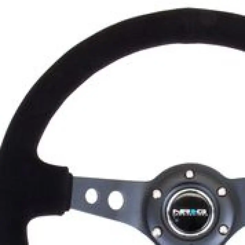 Nrg 350Mm Reinforced Steering Wheel With Black Suede Wrap, Black Stitching, And Circular Spoke Cutouts 1